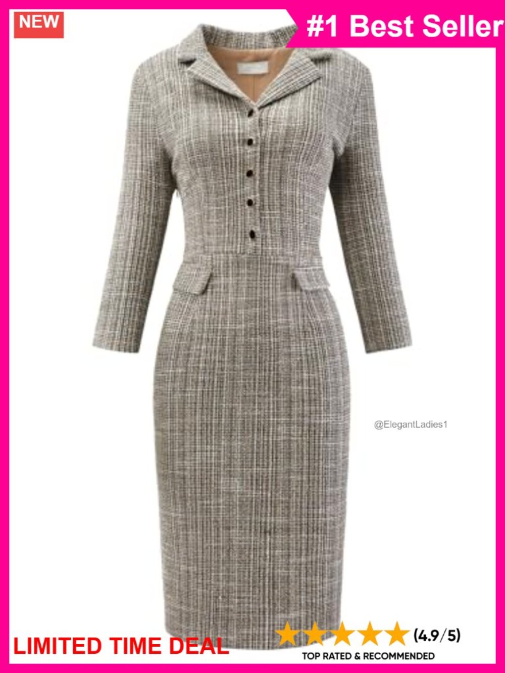 Tweed Sheath Dress 3/4 Sleeve Collared V Neck Button Front Knee Length